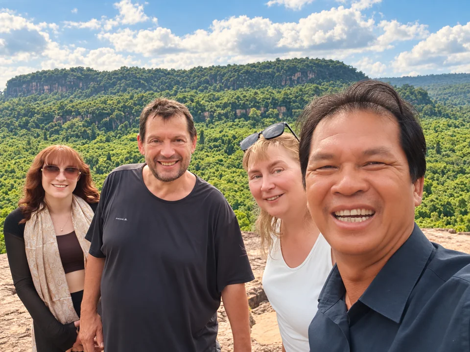 Rabbit Travel Cambodia local guide with guests in the countryside